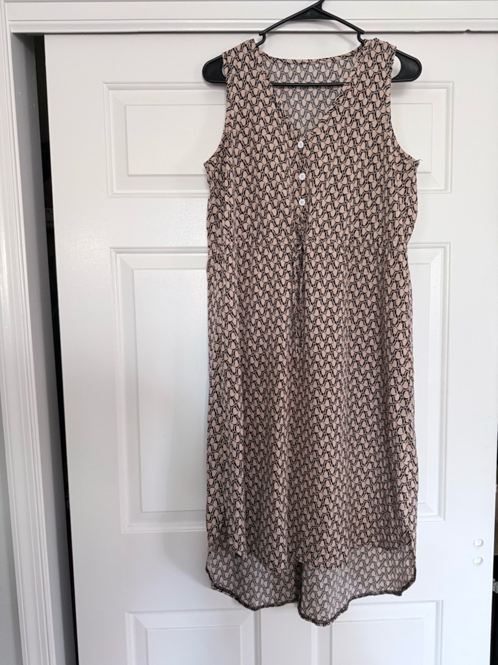 Sleeveless Beige/Black Patterned Drawstring Dress